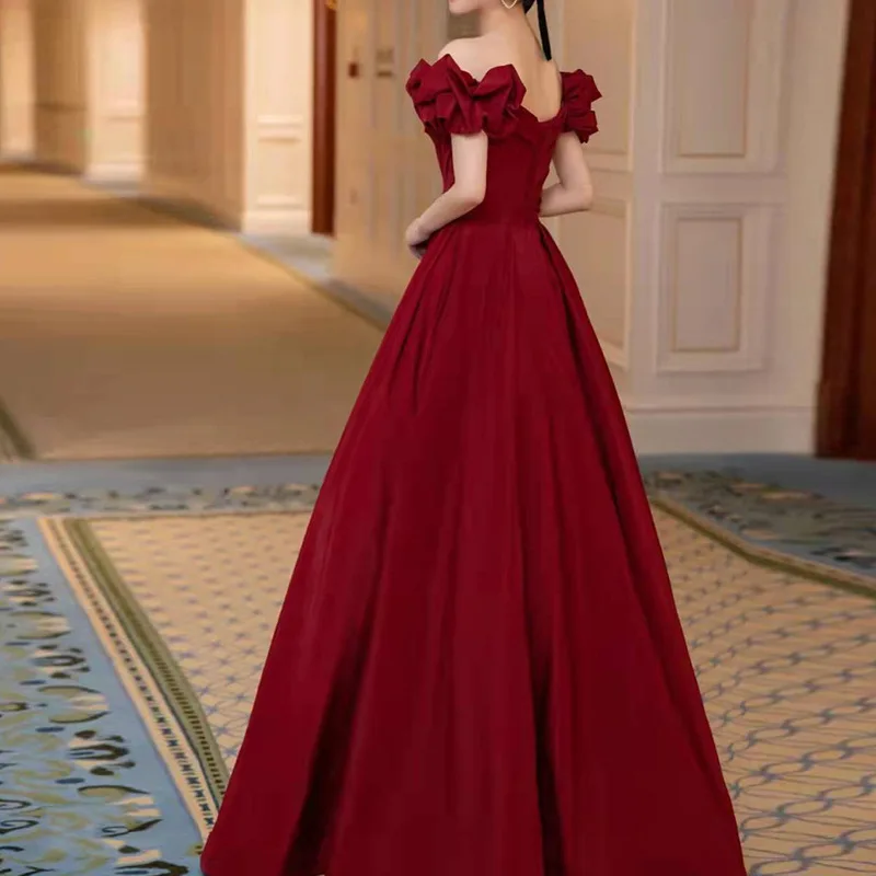 Off Shoulder Bridal Wedding Dress Burgundy Female Formal Party Dress Qipao Banquet Retro Princess Dress Sexy Maxi Dress