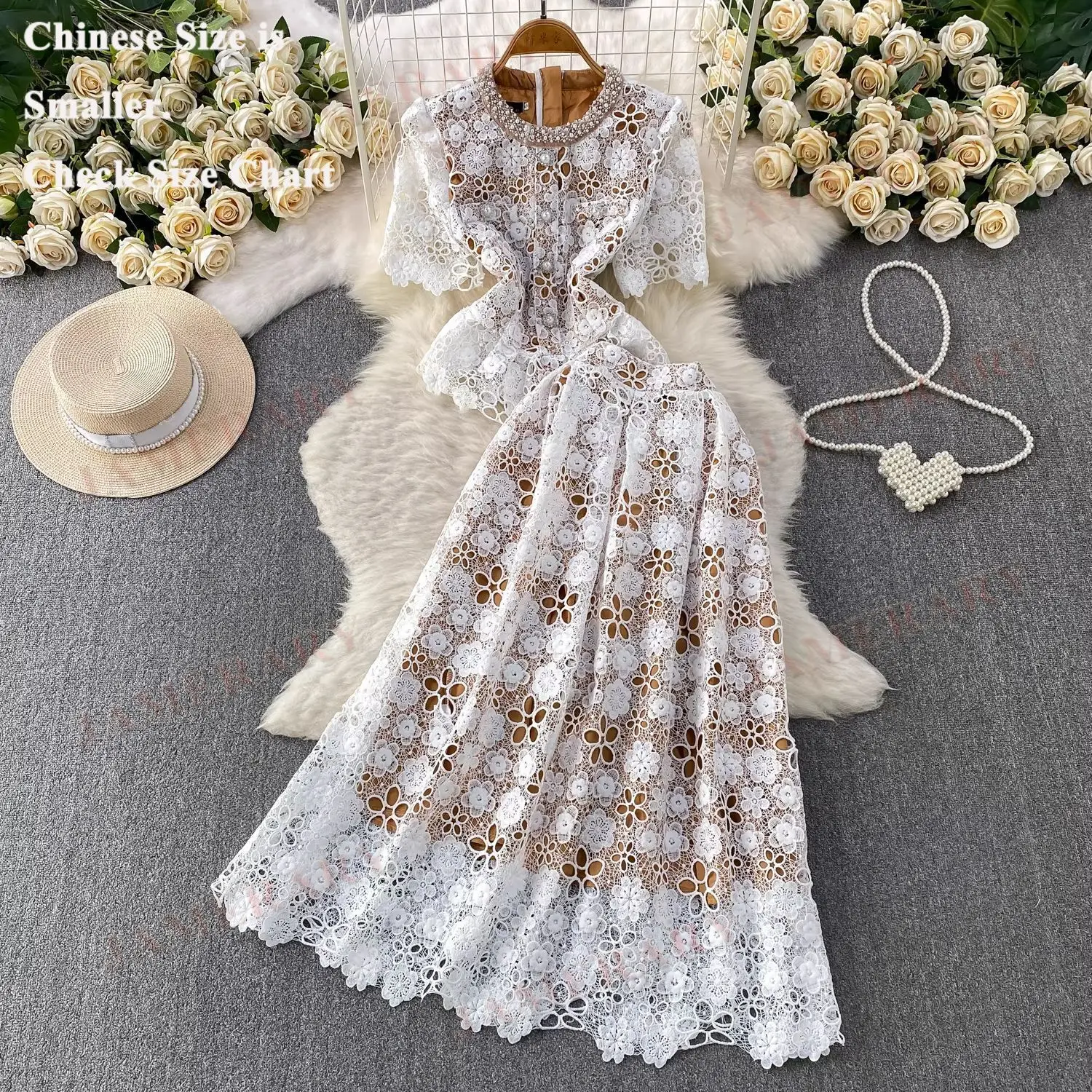 

French Elegant Summer Flower Long Dress 2 Piece Set Women Lace Blouses Rhinestone Embroidery Long Maxi Skirt Suits 2pcs Outfits