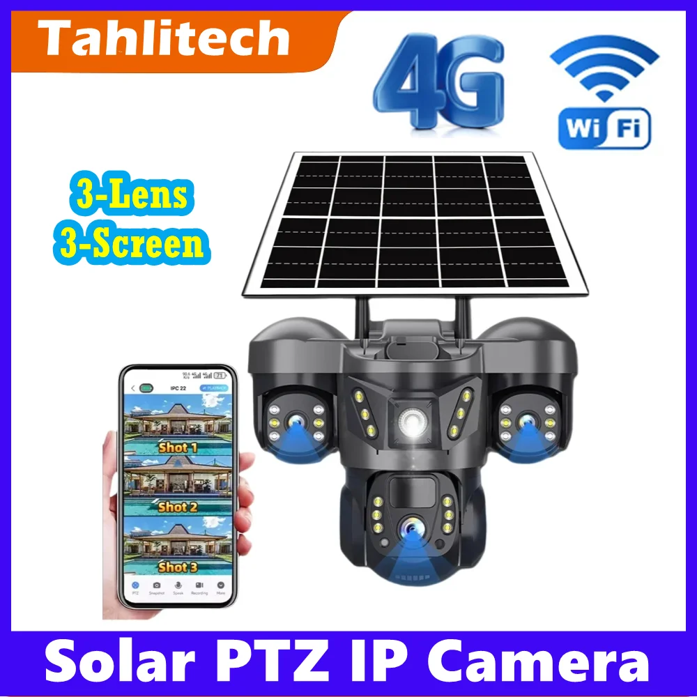 

4G IP-камера на солнечной батарее с поворотным механизмом, 3 объектива, 360°, 15 МП, видео 8K, беспроводная уличная камера видеонаблюдения с обнаружением движения, ИК-подсветкой для ночного видения, Wi-Fi