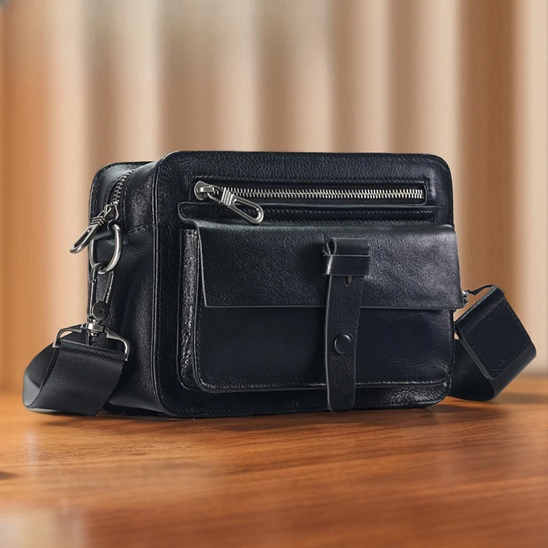 Men's real leather crossbody bag multi-pocket mobile phone storage horizontal square shoulder bag men's bag