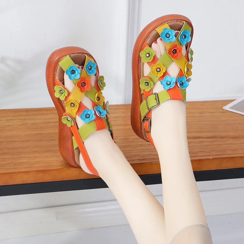 ZXRYXGS High Quality Microfiber Leather Classic Flowers Sandals Fashion Shoes 2024 New Summer Wedges Sandals Women Sandal Shoes