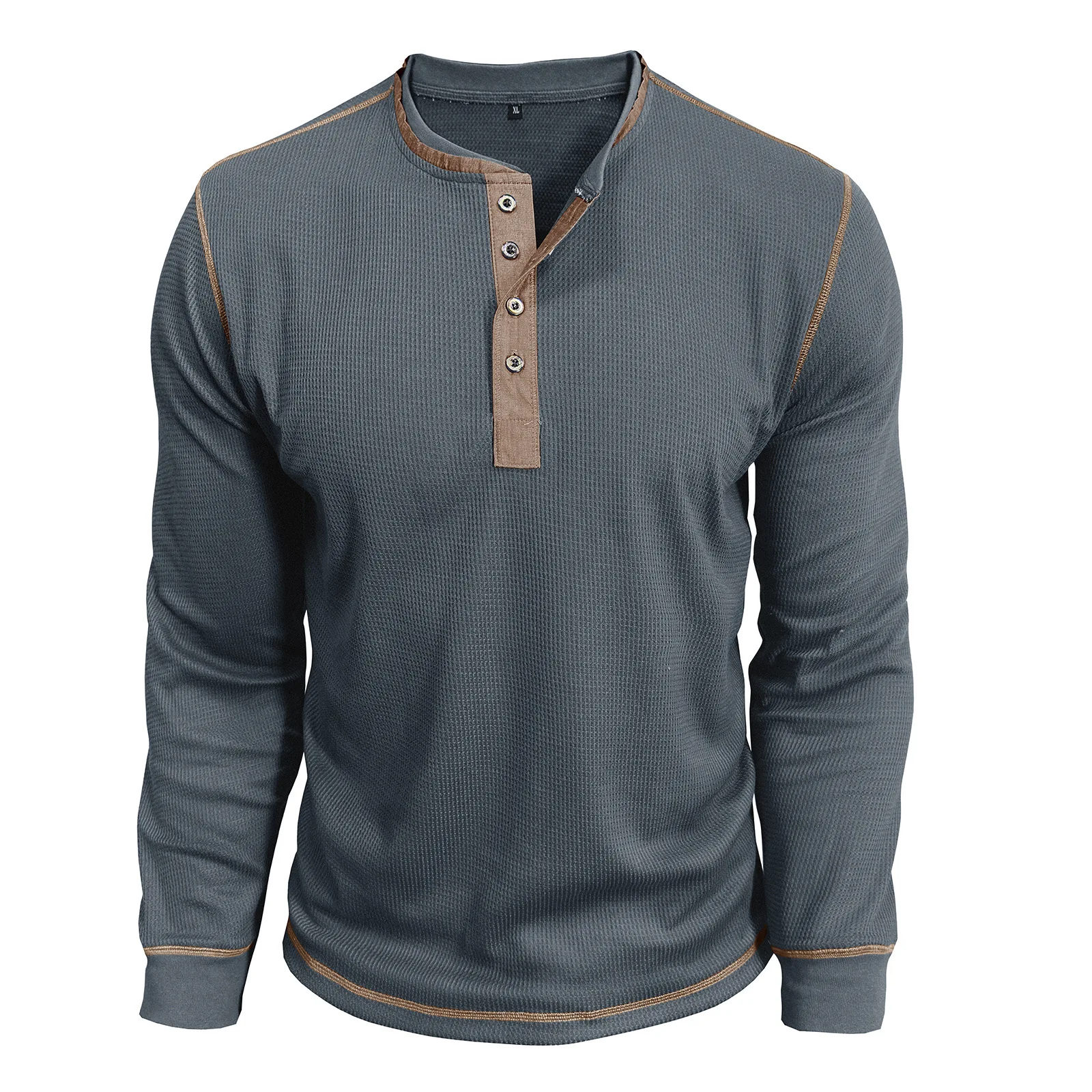 الموضة الأمريكية الأوروبية الرجال الهراء كم طويل س الرقبة واحدة الصدر البلوز هنري طوق فضفاض تي شيرت الذكور الملابس الداخلية #4