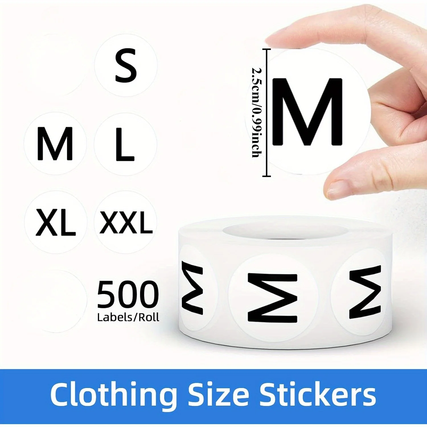 5 Rolls 2500PCSRound Clothing Size Stickers, Self Adhesive Removable Apparel Size Labels, S-XXL Universal Garment Tag Stickers ﻿