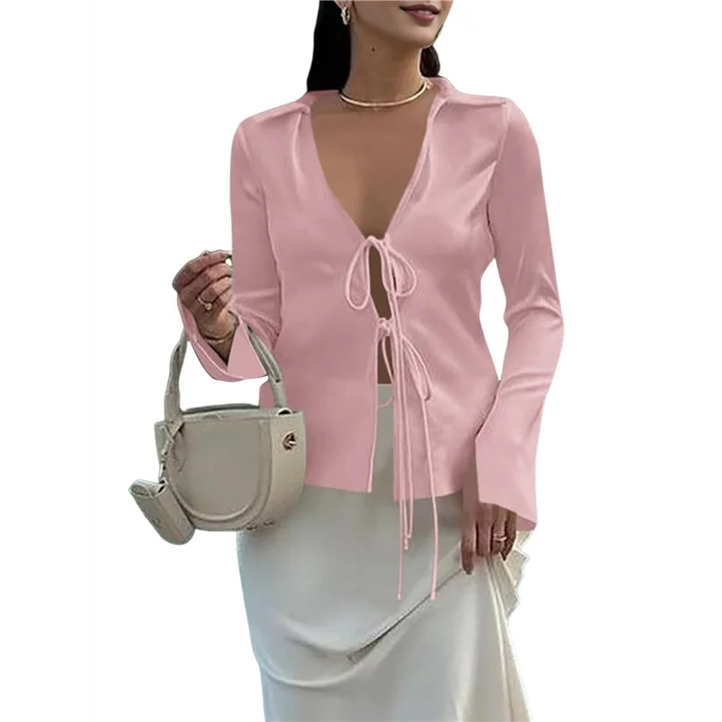 

FX-Womens Sexy- Tie Front Satin Shirts Deep V Neck Silk Club Tops Long Sleeve Y2k Going Out Blouse