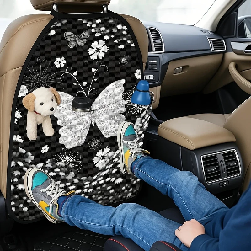 Car Seat Back Covers With Storage Pockets, Elegant Butterfly & Floral Print For Ladies