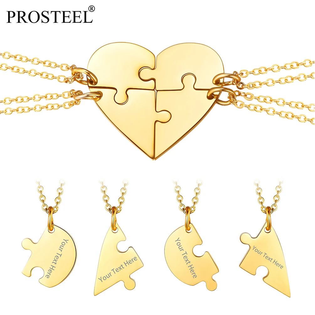 

PROSTEEL Best Friend Pendant Personalized Gift Gold/Black/Silver 4 Pcs Heart Engrave Name Men Women Family Couple Necklace