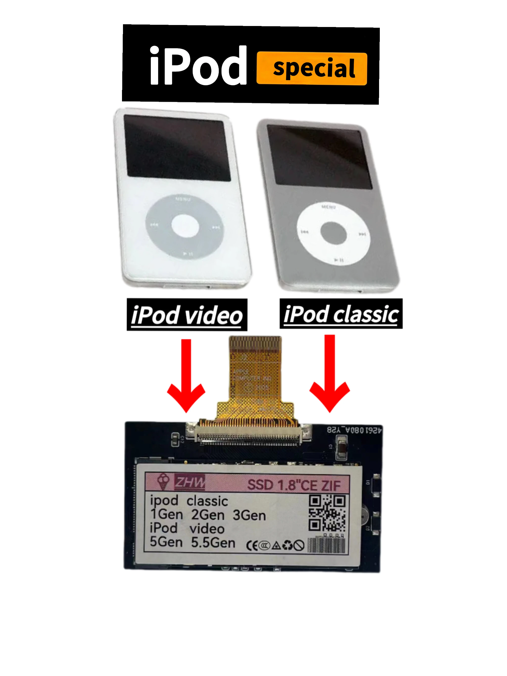 Nen SSD chip upgrade 64GB 128GB 256GB 160GB 512GB 1TB For iPod Classic 7Gen 6.5Gen 6Gen 5.5Gen 5Gen IPC IPV MK1634GAL MK8022GAA