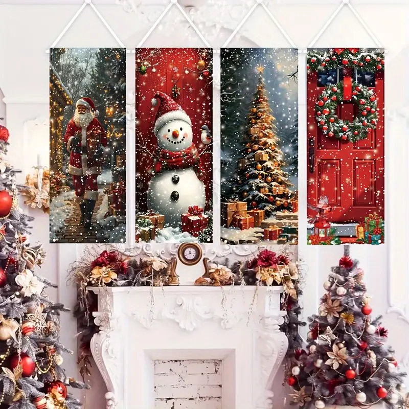 VIKAMA Hanging Wall Decor for Christmas, 4 Pc Banner Santa Snow Forest Snowman Tree Red Door Wreath, Holiday Room Decor