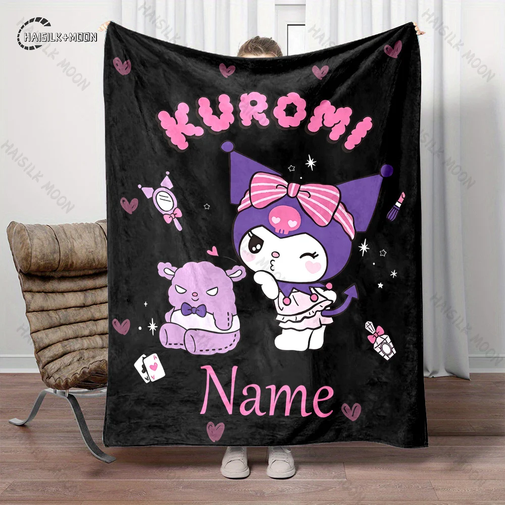 Nome personalizado cobertor personalizado sanrio kuromi fofo macio flanela sofá adulto cobertor escritório almoço break cobertor presente do miúdo