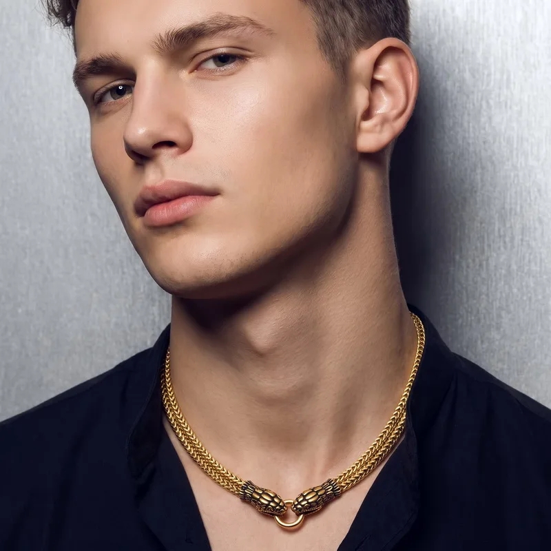Kalen Vintage Snake Chain Necklace for Men Punk Gothic Animal Charm Stainless Steel Jewelry Mythical Serpent-Shaped Souvenirs