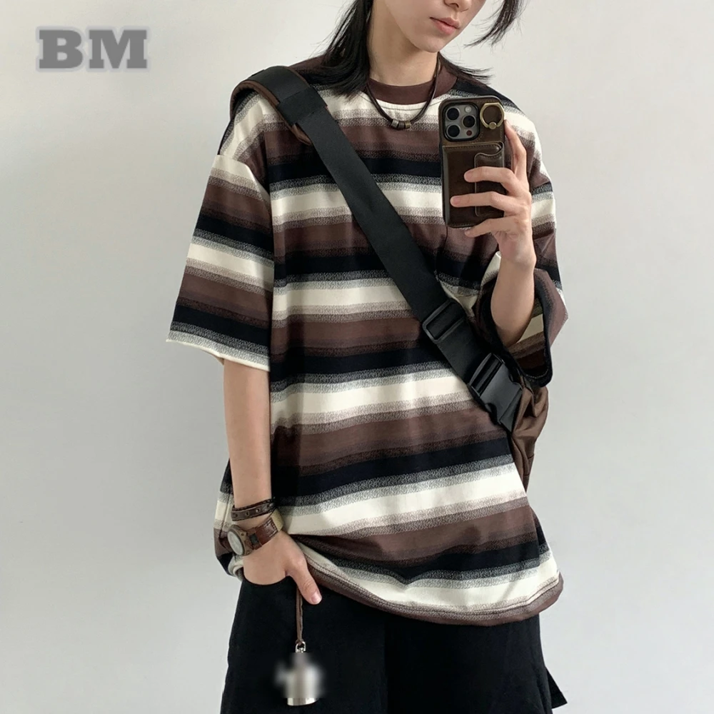 Korean Vintage Color Block Striped T-Shirt Men Women Summer Lightweight Unisex Casual Short Sleeve Tee Streetwear Fashion Tops