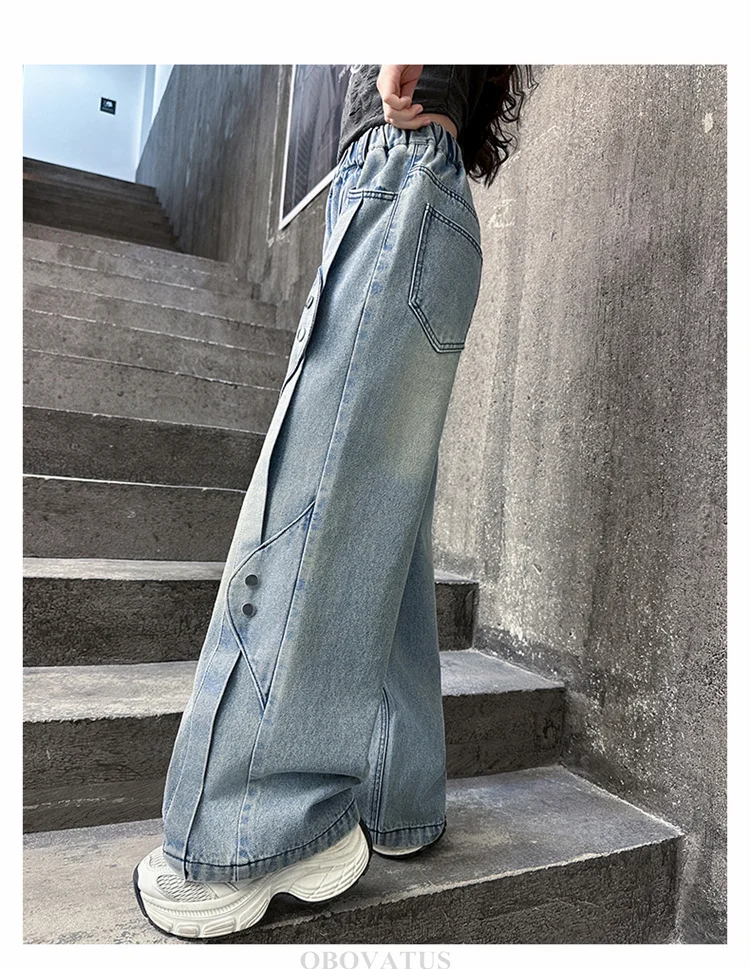 Neues Design Mädchen Straight Jeans Stylische Kinder Mode Street Denim Hosen Teenager Kinder Lose Slim Fit Loose Leaf Jeans Hosen – Detail 6