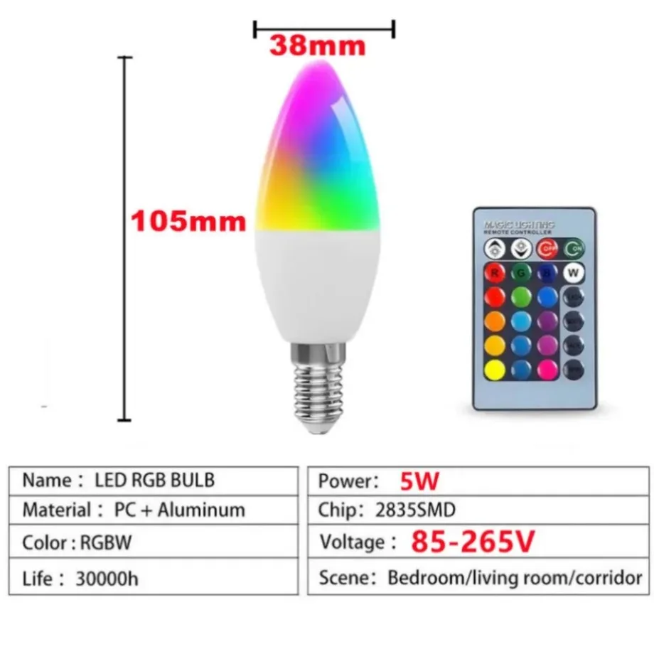 LED 전구 양초 색상 실내 네온 사인 전구 RGB 테이프, 컨트롤러 조명 포함, 가정용 밝기 조절 스마트 램프, E14, 85-265V