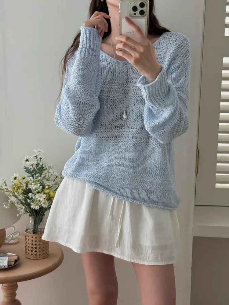 

Женский летний свободный утягивающий вязаный свитер V-Ne Long Sve, модный цветной свитер для поездок на работу, корейская версия