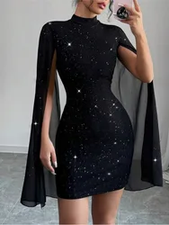 Fashion Black Shiny Party Dresses For Women O Neck Cape Sleeve Bodycon Wrapped Hip Sexy Dress Woman New Elegant Dress 2025