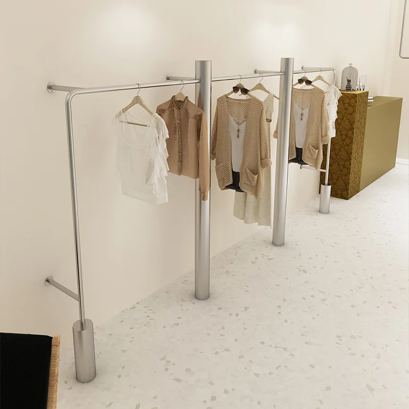 Clothing store display rack stainless steel wall rack silver side hanging women's shop display rack floor-mounted simple