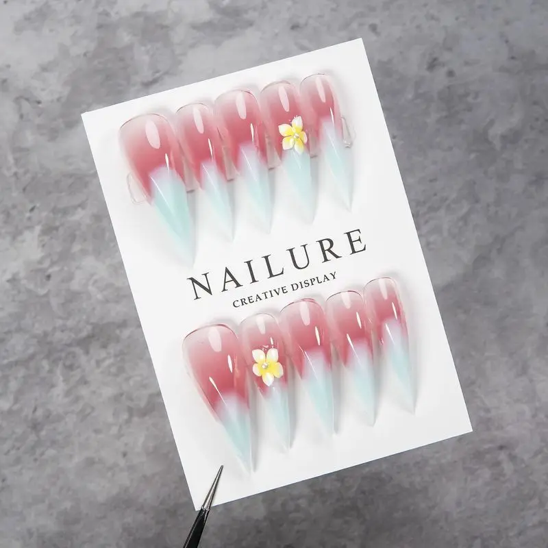 Long Stiletto Press On Nails Pink Blue Gradient 3D Yellow Flower Fake Nails Glossy Transparent Reusable Handmade False Nail Tips