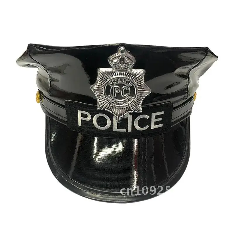 Police Officer Soft Leather Hats Cap Unisex Adult Black Cosplay Party Police Dress Up Hat Accessories Europen and American Style