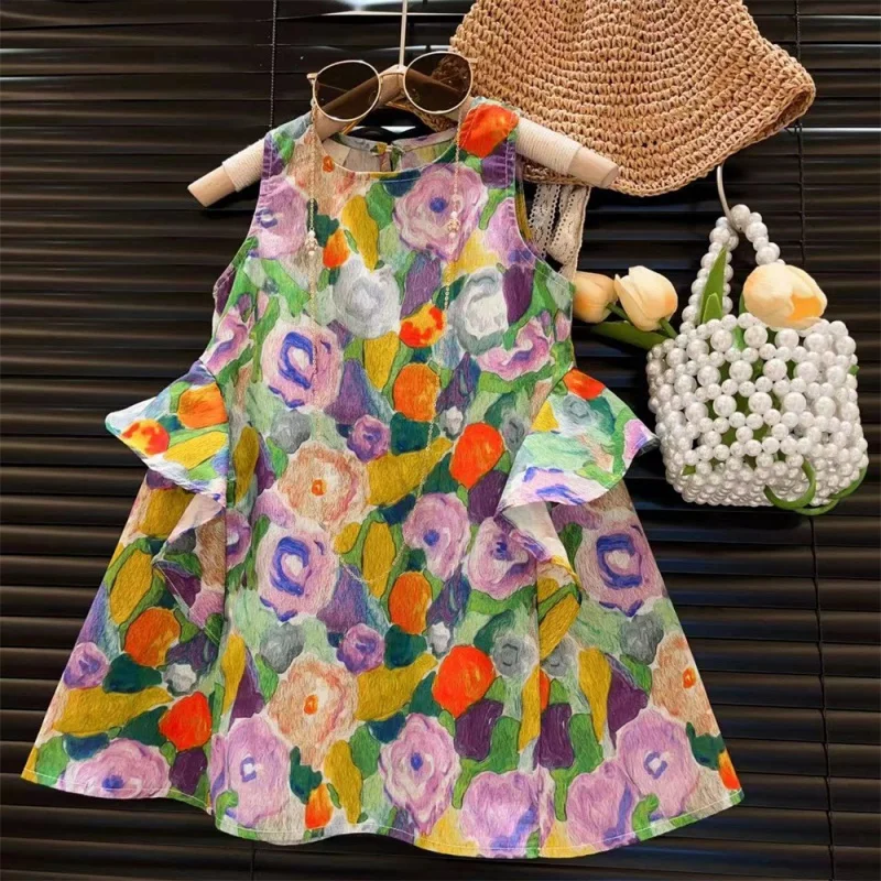 Neue Mädchen Jardin Monet Ölgemälde Stil Design Blumen Prinzessin Weste Skirt2024summer Kleidung-wsny