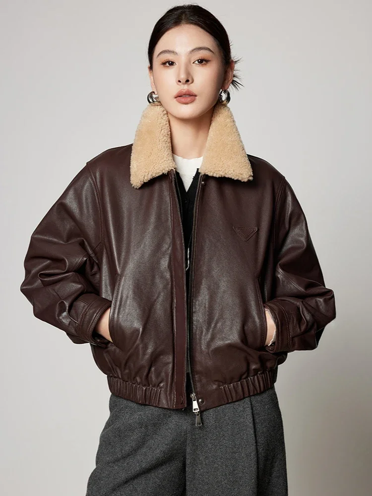 

Vintage Short Winter Genuine Leather Goose Jackets for Women 2026 High-end Simple Natural Wool Collar Real Sheepskin Down Coat