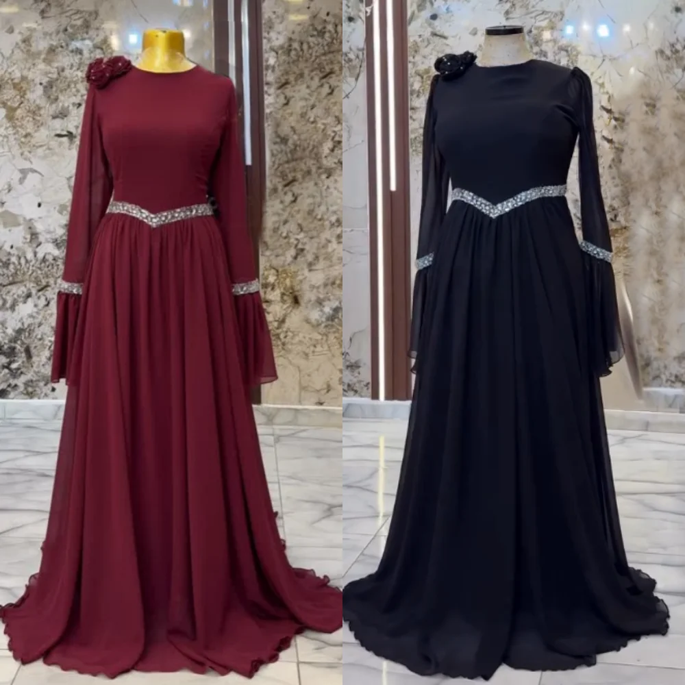 

Customized Handmade Flower Rhinestone Pleat O-Neck A-line Bespoke Occasion Evening Party Gown High Quality Elegant Glitter