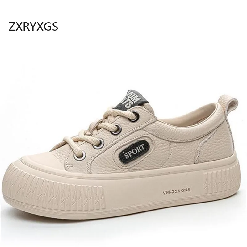 ZXRYXGS 2024 New Lace-up Superior Full Genuine Leather Shoes Flat Platform Sneakers Increase Height Shoes Women Sneaker Shoes