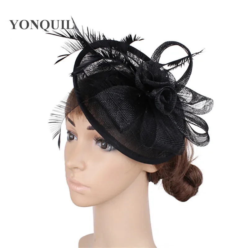 Elegant Fancy Beige Cocktail Headbands Vintage Sinamay Party Derby Fascinator Wedding Hat Red Black Ladies Feather Headpieces