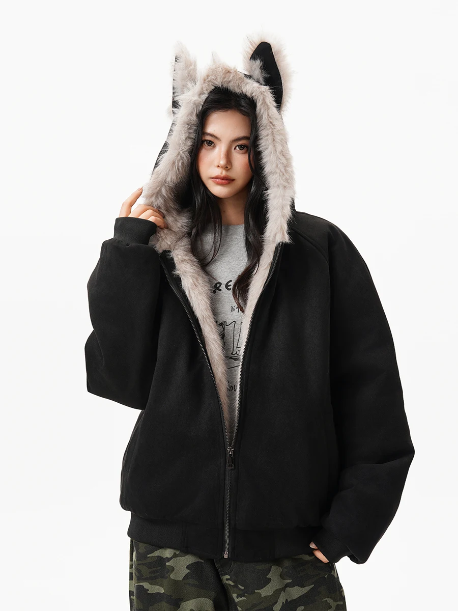 

Black Cool Cat Ear Hooded Thickened Cotton Jacket Women's Autumn Winter New Style Mountain Eagle Cotton Clothes Street Trend