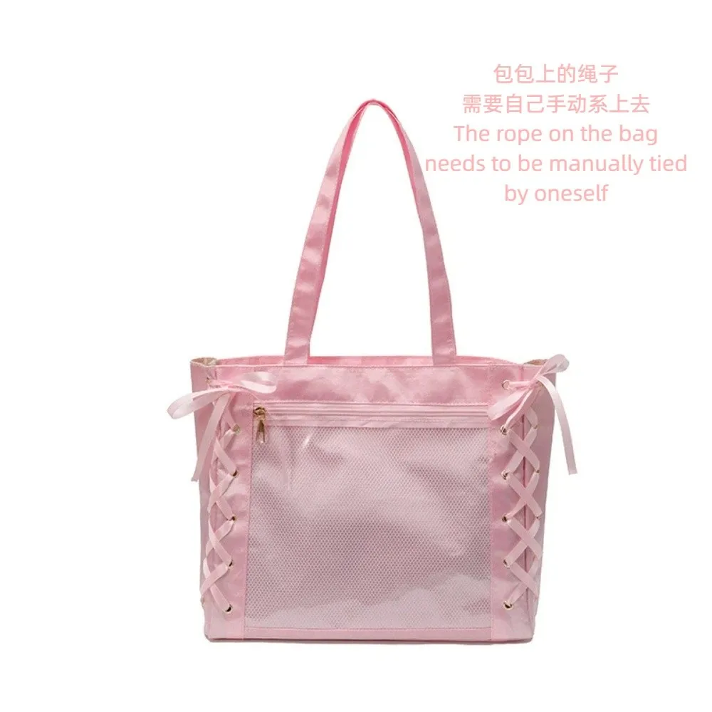 

Large Capacity Sweet Ita Tote Bag Bow Ribbon Clear Front Pocket Transparent Shoulder Bag DIY Portable Women Ribbon Handbag