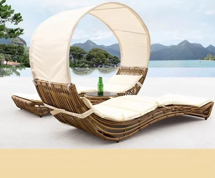 Unique design new sunshade chair with sunshade outdoor wicker sofa bed outdoor furniture courtyard