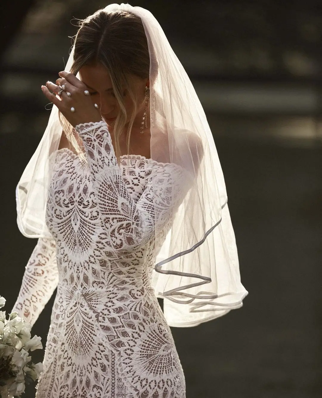 Intricate Lace Wedding Dress Long Sleeves Off the Shoulder Soft Ivory Tulle Veil with An Elegant Bridal Mermaid Maxi Gowns