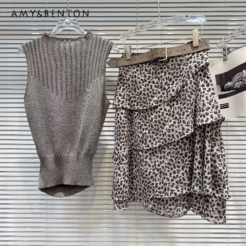 

2026 Summer New Knitted Women's Vests Sweet Cool Sexy Leopard Print Belt Irregular Versatile Chiffon Cake Skirts Suits Ladies