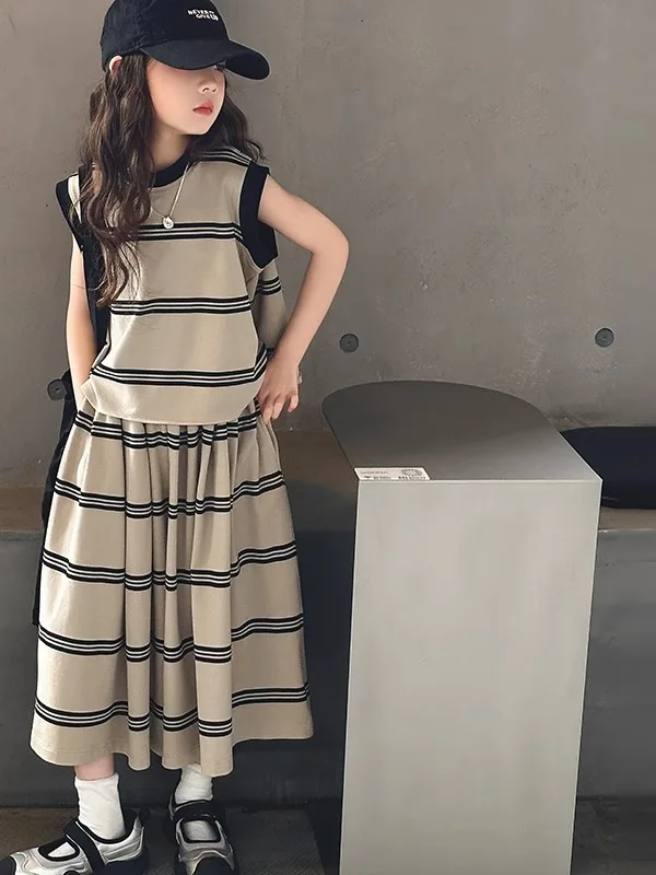 Summer Kids Clothes Set Sleeveless Suit Teen Girls Striped T shirt Top Vest + Elastic Waist Wide leg pant Child 4 8 12 14 Year