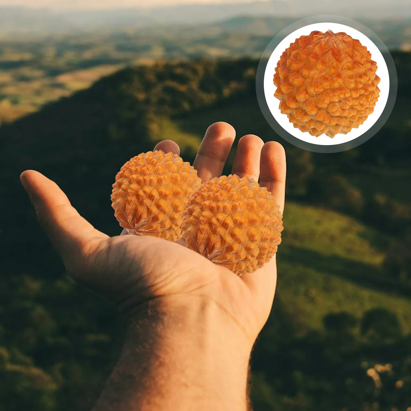 

2pcs Wooden Massage Balls With Durian-Inspired Texture For Hand Exercise Palm Relaxation Training Portable Small Roller Ball