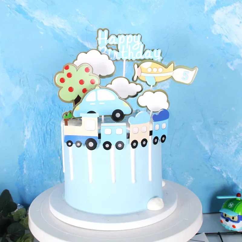 1set Happy Birthday Cake Topper Pilot Plane Car Tree Clouds Anniversaire Cupcake Toppers Baby Shower Decoracion Para Pasteles