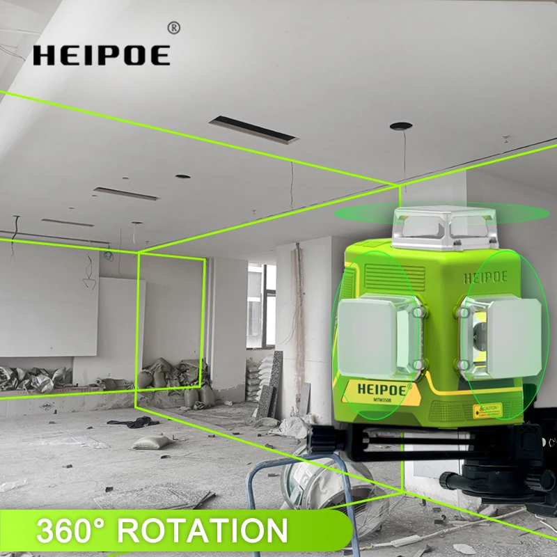 Heipoe 360 Laser Level 3D 12 lines Green Beam Self Levelling Horizontal And Vertical Cross Lines Laser Level with Li-ion Battery