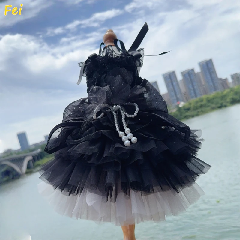 

Luxury Handmade Black Gray Pet Dog Clothes Fashion High-end Lace Sequin Long Tail Princess Dress For Small Medium Dog Puppy Coat