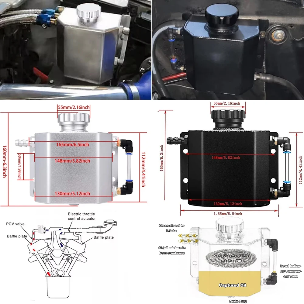 1L Aluminum Coolant Radiator Overflow Recovery Water Tank Bottle Reservoir Universal Coolant Overflow Tank Coolant Silver Black