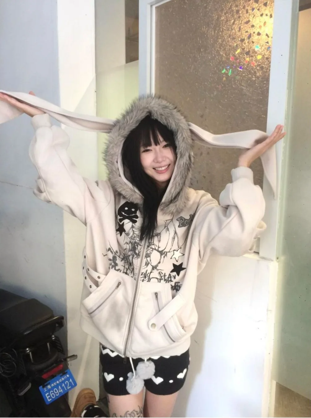 

Y2K Yabi Rabbit Ear Hooded Jacket Women Autumn Winter New Niche Fur Collar Loose Design Plush Cardigan Top