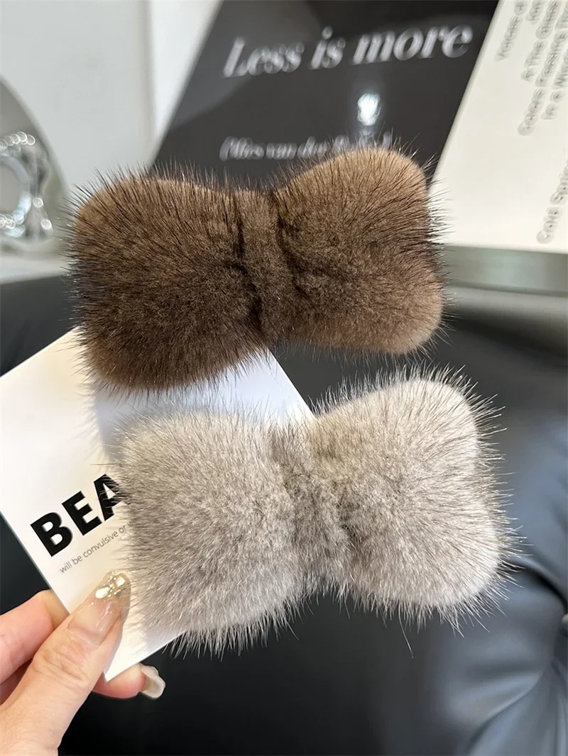 

Luxury Real Mink Fur Hair Larg Bowknot Hairpin Side Clip Net Red Cute Olush Fur Headdress Shiny Hair Scratch Accessories Gifts