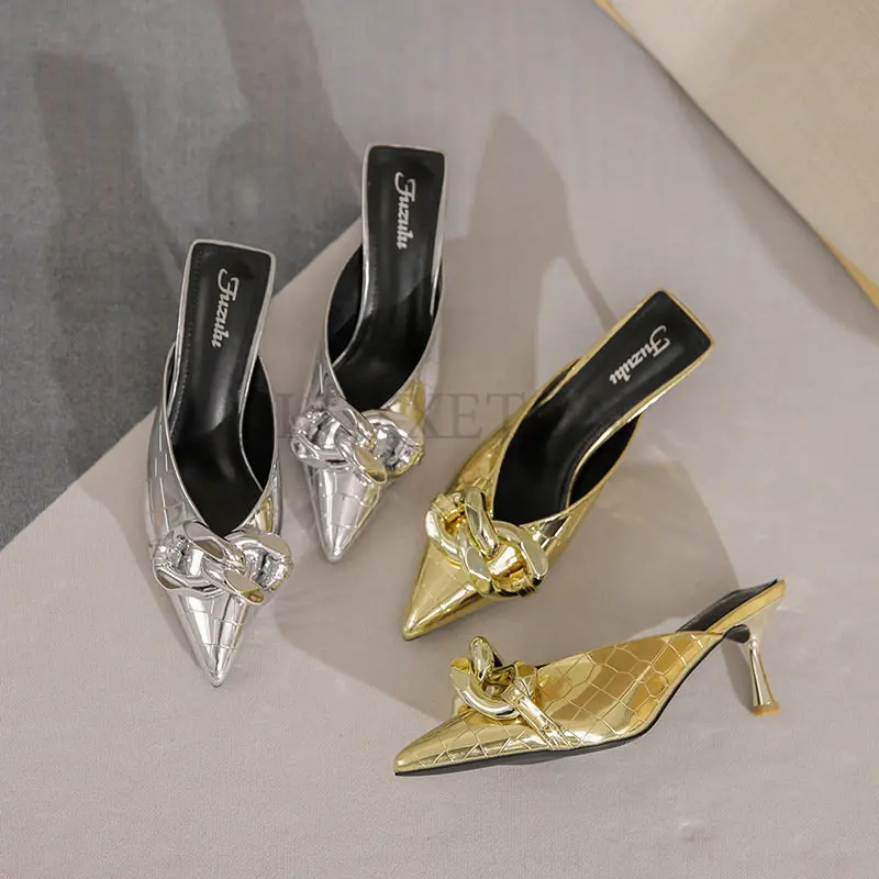 Golden Pointed Toe Patent Leather Low Heel Slippers Pumps Women Baotou Fashion Spring Soft Leather Ladies Kitten Muller Shoes