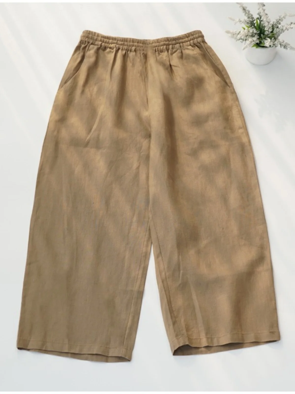 Comodi pantaloni larghi a sette piedi a gamba larga Pantaloni estivi da donna Faion Artistico in puro lino elastico in vita con taglio dritto