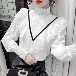 Lace Ruffles Patchwork Loose Bottoming Shirt Spring Autumn Long Sleeve Solid Elegant T Shirt Tops Fashion Office Women Clothing