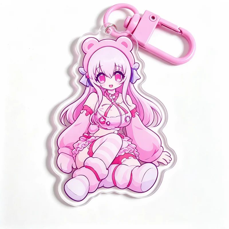 Kawaii Pink Bear Girl Acrylic Keychain Cute Anime Double Ponytail Figure Pendant Sweet Lolita Bag Charms Y2K Aesthetic Backpack