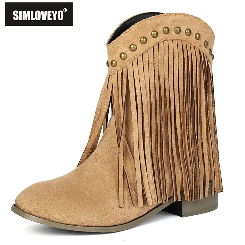 

SIMLOVEYO/Новые замшевые женские ботинки до середины икры из флока, распродажа с круглым носком толщиной 3 см, большие размеры 45–47, заклепки, кисточки, повседневная осень