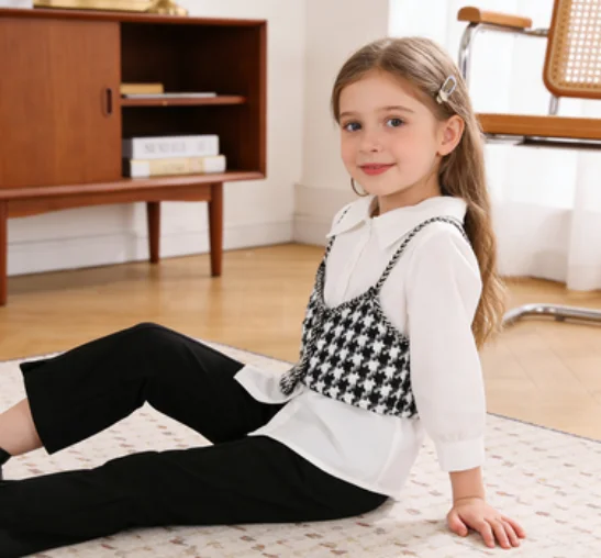 Three Piece Set 2026 Spring and Autumn Girls' Long Sleeved White Shirt Grid Strap Vest Bell Bottom Pants Suit