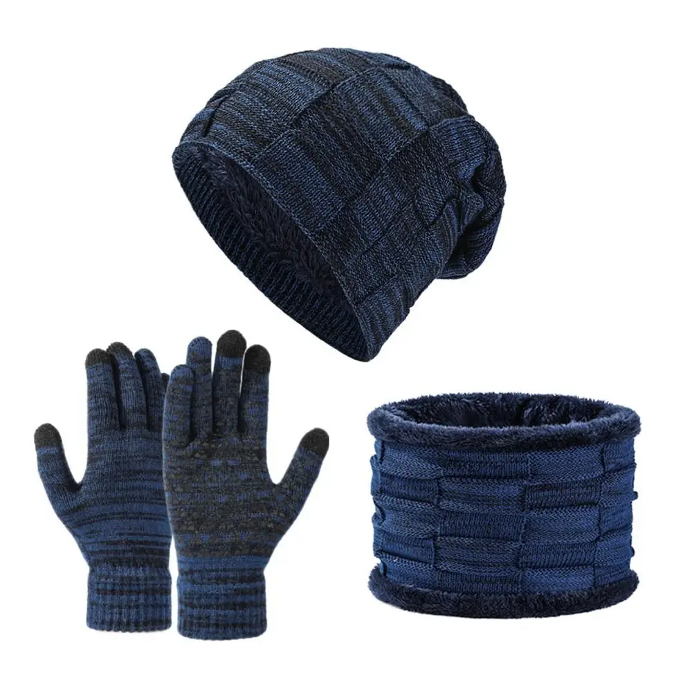 3Pcs/Set Warm Winter Hat Scarf Gloves Set Thicken Lining Scarf Neck Warmer Suit Elastic Windproof Knit Beanie Snood Set