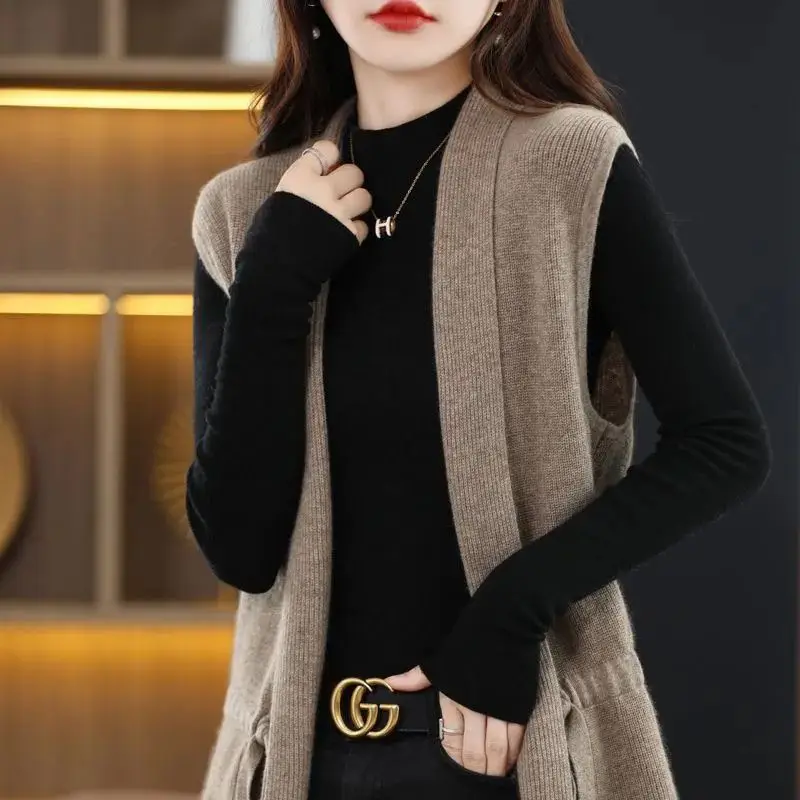 Autumn Winter Women Lace-up Long Sweater Coat Korean Fashion Casual V-Neck Solid Vintage Knitted Loose Cardigan Sleeveless Tops