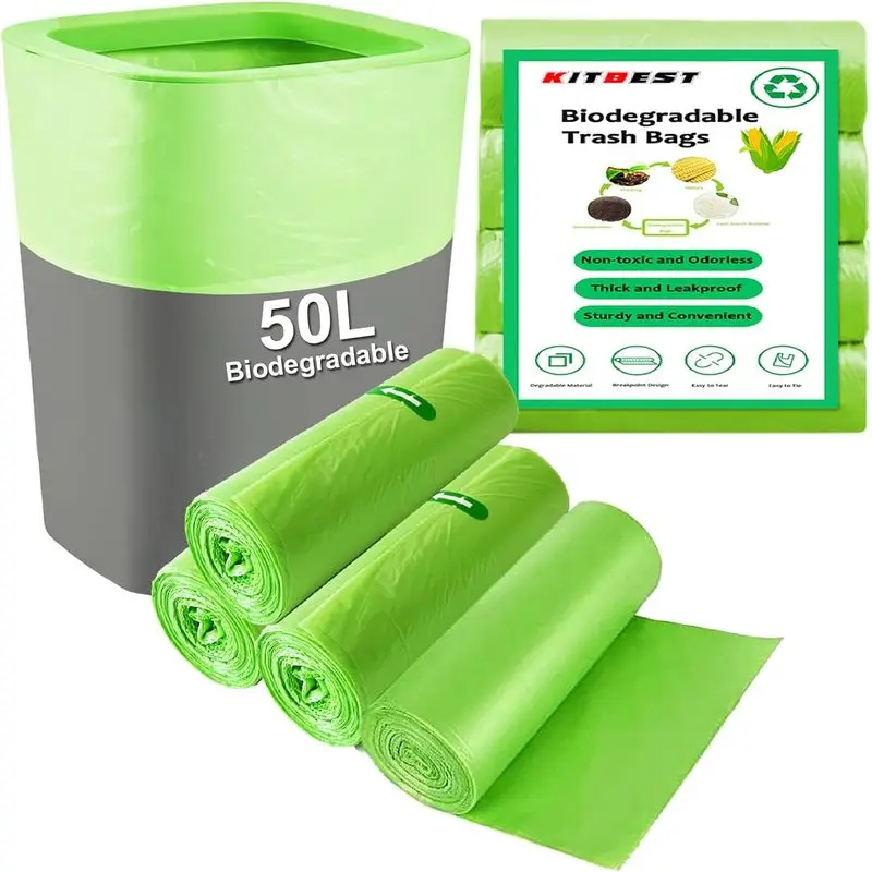 Bolsas de basura compostables (60 unidades) Bolsas de desecho de alimentos para abono de 13 galones, revestimiento de cubo de basura biodegradable de 50 litros, verde fuerte