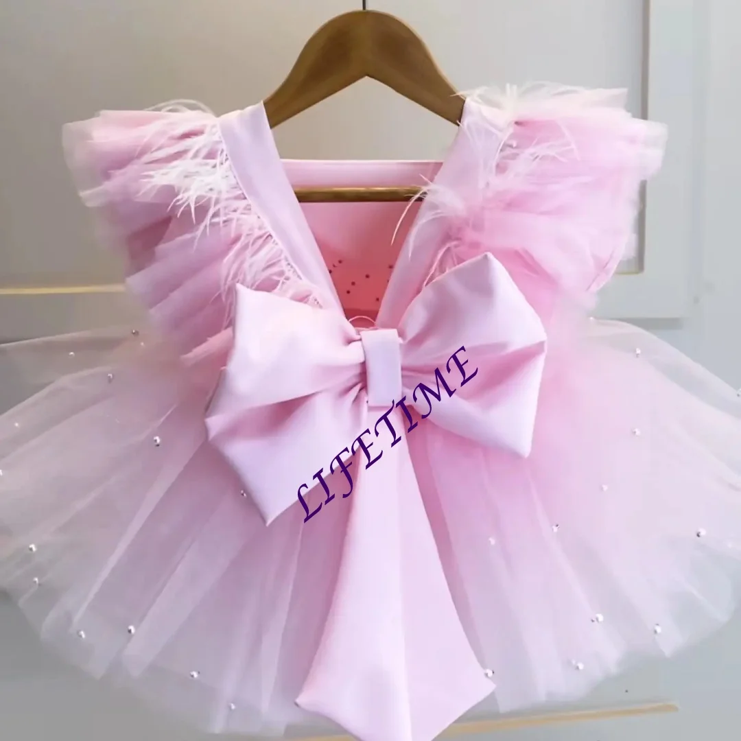 

Puffy Pink Flower Girl Dresses Beads Feathers Children Birthday Party Gowns with Bows Tiers Little Girls Infant Baby DCustomized
